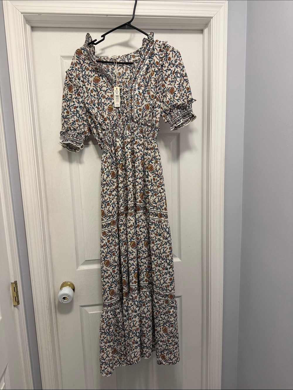 Max Studio Boho Floral Maxi Dress - White with Blue & Brown Floral